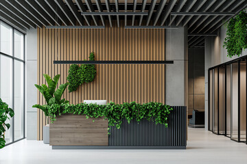 Modern office interior design, wooden and white walls with black accents, reception desk in the middle of large space, green plants on wall behind counter