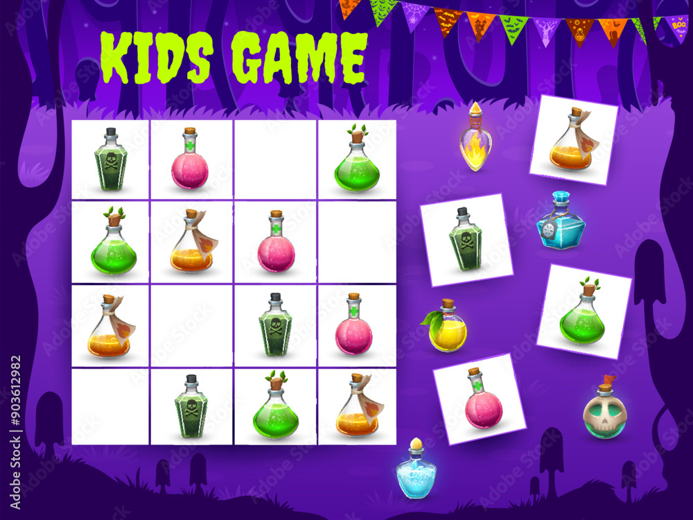 Aufkleber halloween kids sudoku game with potion bottles. kids logic quiz, intelligence riddle or halloween su