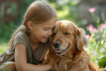 beautiful girl hugs her dog in a garden