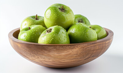 Nutritious Wet Green Apples in a Wooden Bowl for a Healthy Lifestyle