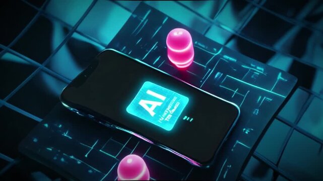 Cutting-Edge Innovation: Modern Smartphone with Neon Blue 'AI' Text and Glowing Keyboard on Grid Pattern, Enhanced by Spherical Pink Light Effects