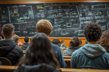 children seated at old wooden desks in a classroom