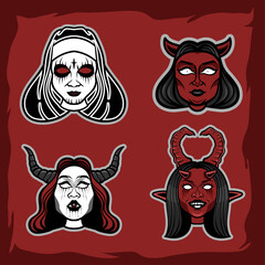 Demons and Divinity: A quartet of chilling female figures, blending demonic and sacred aesthetics in a haunting illustration perfect for Halloween or occult themes. 