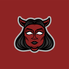 Red Devil Woman Mascot Logo Design: A fierce and captivating logo design featuring a female devil with horns, red skin, and a determined expression. Perfect for brands seeking a powerful, edgy, and un