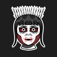 Creepy Doll Portrait: A chilling illustration of a doll's face, adorned with a feather crown, evoking a sense of unease and horror. 