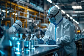 Obraz premium A scientist in a protective suit conducting research in a laboratory filled with glassware and equipment.