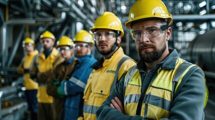 Team of engineers in safety gear performing maintenance in heavy industry, photorealistic