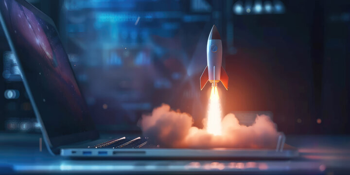 rocket launch in office background banner, concept of fast business innovation success opportunity quick start or startup, new idea take-off in tech company, web website launch