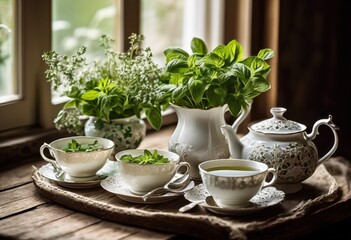 elegant tea arrangement featuring delicate porcelain fresh stylish accents charming experience, herbs, cups, accessories, aroma, leaves, floral