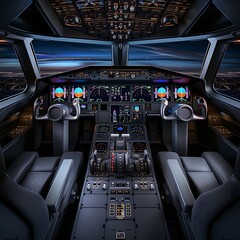 Fototapeta premium Realistic image of an airplane cockpit filled with controls and illuminated screens on International Civil Aviation Day, more clarity with clear light and sharp focus, high detailed