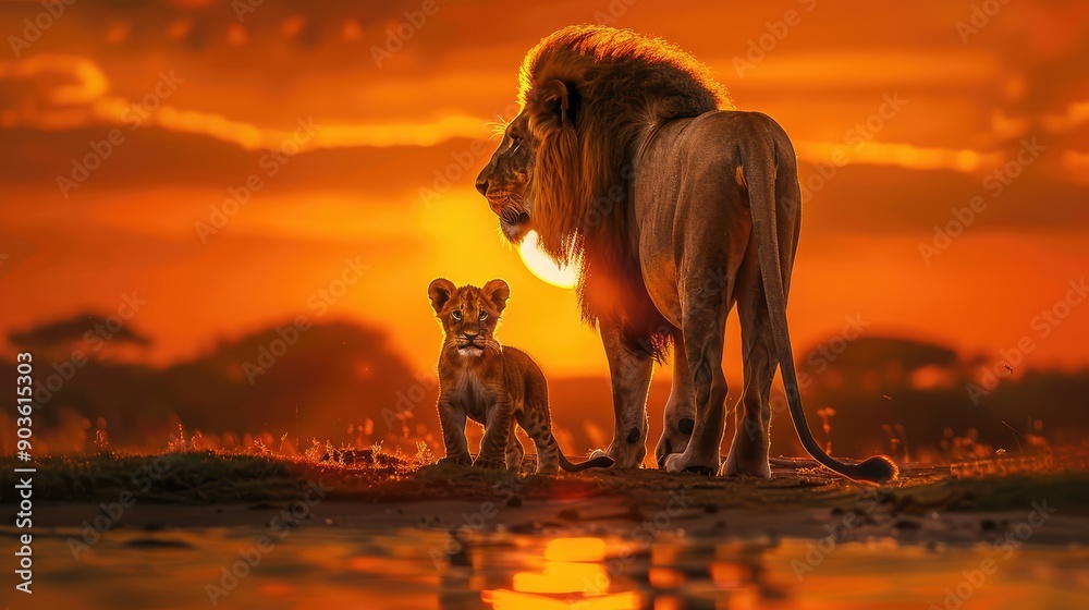 Poster lion at sunset