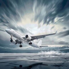 Naklejka premium Realistic image of a plane taking off with dramatic sky for International Civil Aviation Day, more clarity with clear light and sharp focus, high detailed