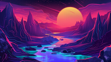 A surreal digital vector art illustration of an alien landscape with glowing water, a river flowing through it and a sun setting in the background