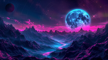 A synthwave mountainscape with neon lights and a full moon in the background, in the style of vector art with an 80s retro design using simple shapes and a dark purple, pink, blue color palette.