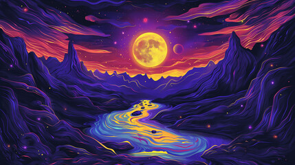 Illustration of a river flowing through a landscape with the sun and moon, in the style of cyberpunk with bright colors against a dark background