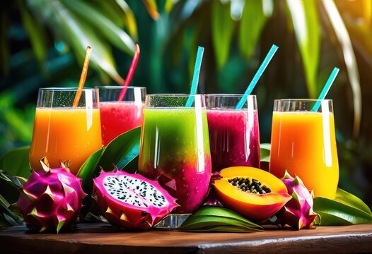 vibrant exotic fruit juices displayed lush tropical settings surrounded lush greenery bright colorful fruits, beverage, coconut, mango, pineapple, papaya