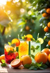 vibrant colorful fruit infused beverages adorned fresh garnishes refreshing inviting presentation, infusion, drink, citrus, berry, tropical, herbal, mint