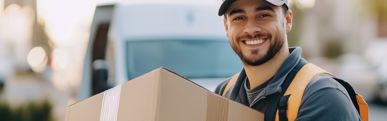 male delivery man with boxes in front of a van