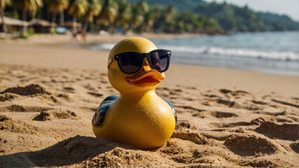 Obraz premium Beautiful rabber duck with black glasses in vacation