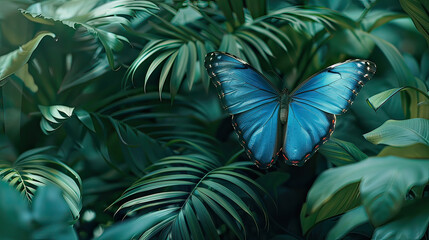 Fototapeta premium Blue Morpho Butterfly Fluttering Among Lush Foliage AI Generative