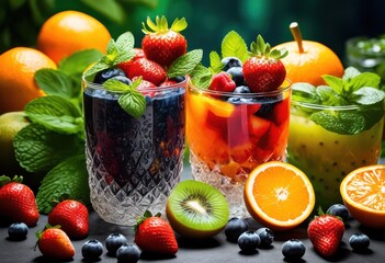 vibrant display fresh lush artfully crafted beverages showcasing bounty colorful arrangement, fruits, herbs, colors, freshness, tropical, citrus, berries