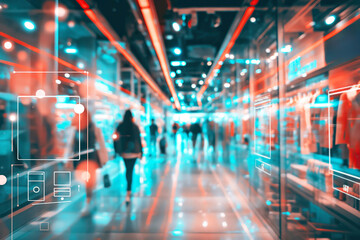 Blurred view of a bustling shopping mall corridor with a futuristic digital overlay, advanced technology during a flash sale, highlighted deals, and countdown timers, lively atmosphere