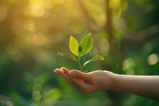 A Hand Holding a Small Plant in Front of a Green and Gold Bokeh Background