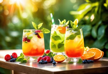 vibrant refreshing mocktails showcased bright sunlit table surrounded lush greenery colorful garnishes, beverage, drink, refreshment, colors, glass, fruit