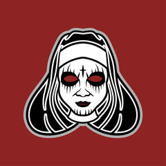 The Unholy Visage: A chilling illustration of a nun, her eyes glowing red, a sinister cross etched on her forehead, set against a blood-red background. 