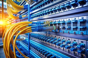 A large blue and yellow network of cables