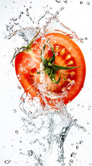 floating isolated tomato with water splash, slice on white background
