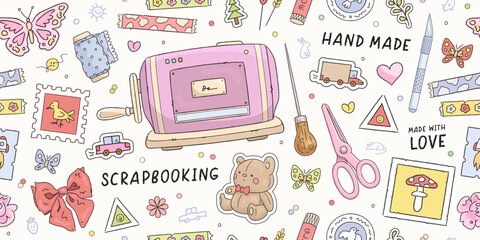 Seamless pattern with hand drawn art supplies for scrapbooking. Background with handmade, scrapbook or planner decoration elements. Stickers, stamp, tape. Vector illustration