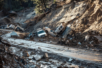 Obraz premium Cars Buried in Mud and Debris After a Landslide