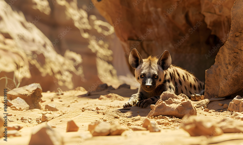 Wall mural A hyena lies resting in a rocky desert cave.