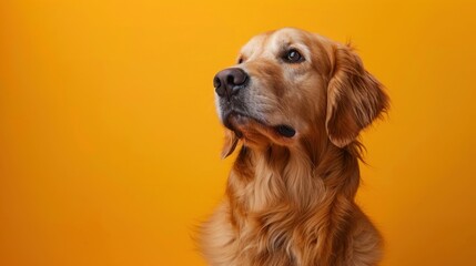 Obraz premium Captivating Portrait of a Golden Retriever Against a Vibrant Orange Background in a Studio Setting.