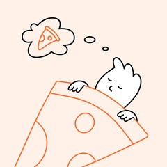 Pizza slice cartoon illustration. Cute character sleeping and dreaming about food. Vector pizzeria background art poster. Modern design mascot art for italian restaurant, cafe, delivery in line style