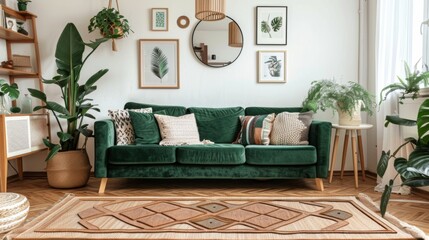 Interior of modern living room with green sofa, plants and picture frames