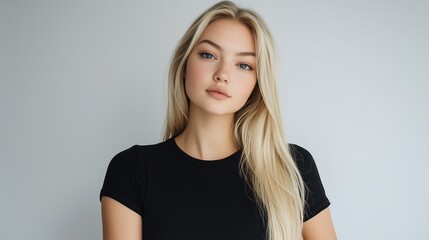 Obraz premium Young Woman with Blonde Hair in a Black T-shirt.