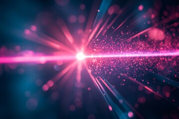 Obraz premium Macro shot of entangled photons being emitted from a laser, with visible light particles traveling through a beam splitter in a controlled quantum physics experiment. High-resolution, detailed