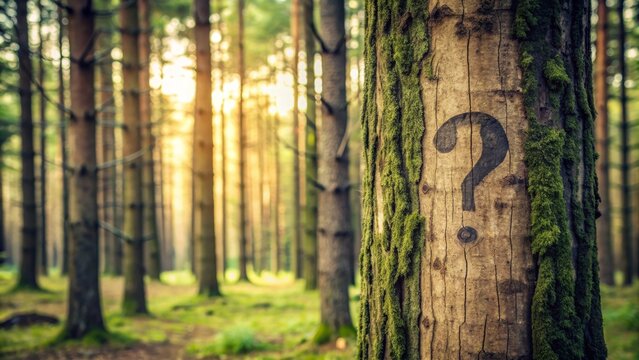 Mysterious question mark symbol carved into a tree trunk in the middle of a dense forest, mystery, symbol, tree - Powered by Adobe