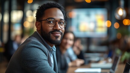 Fototapeta premium Male Professional With Glasses In Corporate Setting Highlighting Confidence Communication And Contemporary Business Culture