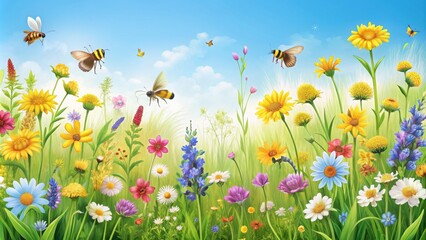 Honey bees buzzing around meadow flowers and summer grasses, creating a seamless floral border, honey bees