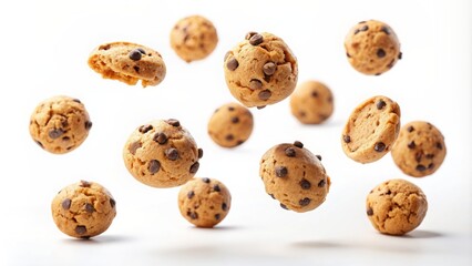 Round cookie dough balls flying against a white backdrop, cookie dough, round, balls, flying, white backdrop, baking, dessert