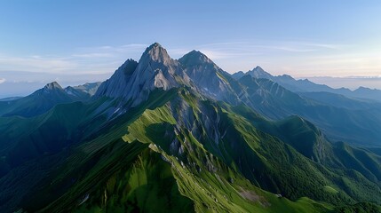 Fototapeta premium A majestic mountain range bathed in the soft light of sunrise, casting long shadows across the landscape and creating a sense of peace and tranquility