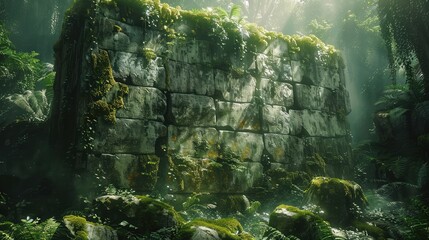 A large cracked stone wall covered in moss and vines hidden in the dense jungle environment