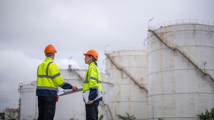 Engineers wearing safety gear, including hard hats examining survey a large blueprint laptop standing industrial facility oil refinery engaged in a job that requires high safety standards.