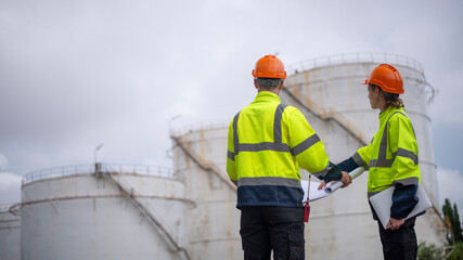 Engineers wearing safety gear, including hard hats examining survey a large blueprint laptop standing industrial facility oil refinery engaged in a job that requires high safety standards.