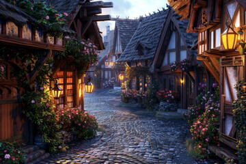 Fototapeta premium Cobblestone Street in a Quaint, Flower-Adorned Medieval Village