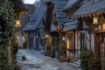 Fototapeta premium Cobblestone Street with Rustic Houses and Lanterns in a Fantasy Town