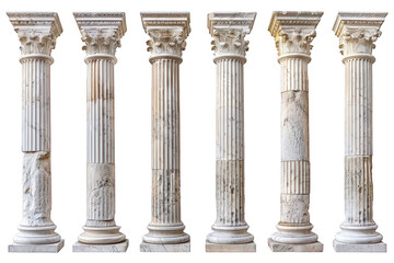 Six Classical Corinthian Columns Isolated on White Background with Intricate Capitals